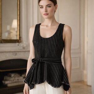 Derek Lam 10 Crosby Peplum Belted Knit Top Black White Size 4 old money luxury